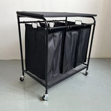 Wasverzamelaar met 3 vakken op wielen – Wasmand sorteerwagen met deksel – Verrijdbare wasmand – Zwart metalen frame