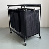 Wasverzamelaar met 3 vakken op wielen – Wasmand sorteerwagen met deksel – Verrijdbare wasmand – Zwart metalen frame