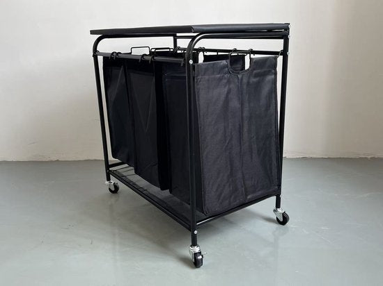 Wasverzamelaar met 3 vakken op wielen – Wasmand sorteerwagen met deksel – Verrijdbare wasmand – Zwart metalen frame