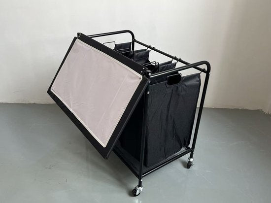 Wasverzamelaar met 3 vakken op wielen – Wasmand sorteerwagen met deksel – Verrijdbare wasmand – Zwart metalen frame
