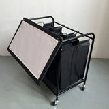 Wasverzamelaar met 3 vakken op wielen – Wasmand sorteerwagen met deksel – Verrijdbare wasmand – Zwart metalen frame
