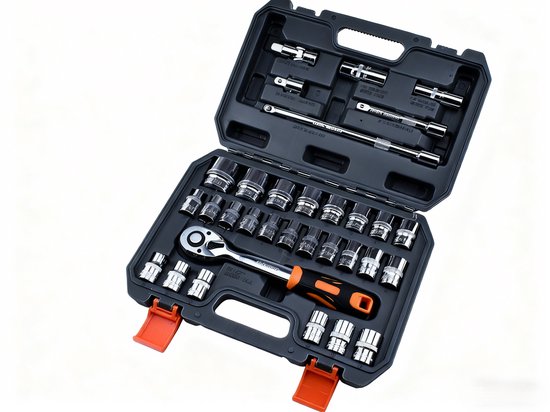 Doppenset met Ratelsleutel – Professionele 1-4” & 1-2” Doppen – Inclusief Verlengstukken en Opbergkoffer – Voor Auto, Motor & Kluswerk