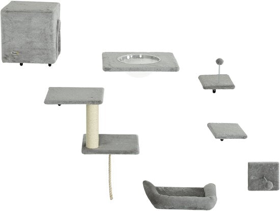 7-Delig Kattenklimmuur Set met Kattenhuis - Platformen - Grijs