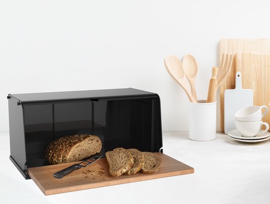 Fixwood Broodtrommel met Houten Klep – Luxe Brooddoos van Kunststof en Hout – Stijlvol & Ruimtebesparend – Houdt Brood Langer Vers – Zwart-Hout Design