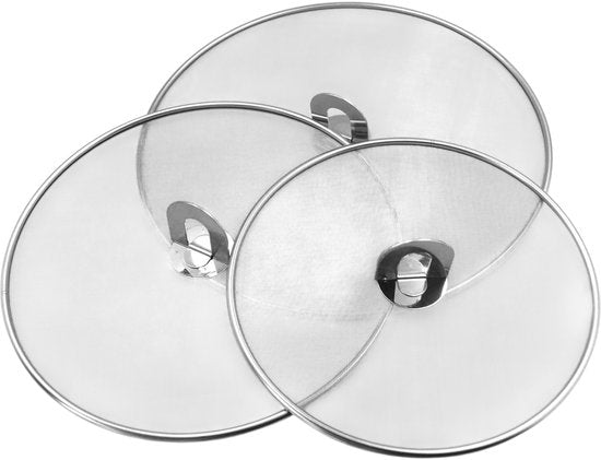 RVS Antispatdeksel Set van 3 – Ø20 - Ø25 - Ø30 cm – Spatdeksel voor Pan – Fijne Antispat Zeef – Vetbeschermer voor Bakken & Braden – Vaatwasserbestendig – Universeel Formaat