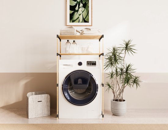 Fixwood 2-Laags Wasmachine Rek – Zwart - Houten Opbergrek voor Wasmachine – Ruimtebesparend Badkamerrek 127 cm – Beukenlook – 33x66x127 cm