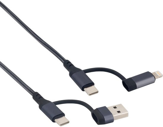 3-in-1 USB Kabel – 1 meter – Snelladen & Dataoverdracht – USB naar USB-C - Lightning – Nylon Gevlochten – Zwart - oplaadkabel Telefoon