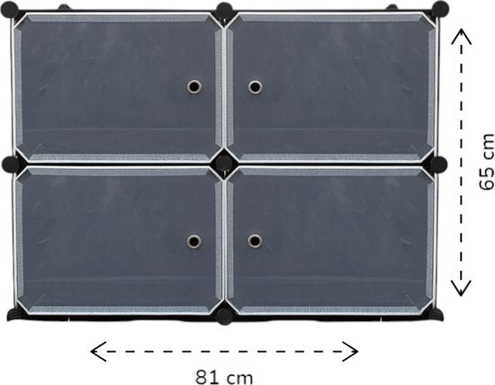Schoenenkast – 4 Vakken – 81 x 65 cm – Stijlvol & Ruimtebesparend – Kunststof Opbergkast met Deurtjes – Zwart-Grijs