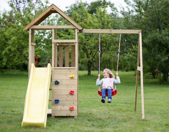 Wendi Toys Houten Speeltoren Pelikaan| met glijbaan, klimwand, schommel en tafel