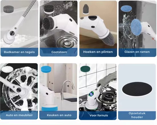 Lodgy® Elektrische Schoonmaakborstel - Schoonmaakborstel - Schrobber met Steel - Schrobmachine - Schrobborstel - Wasborstel met Telescopische Steel - 7 Opzetstukken