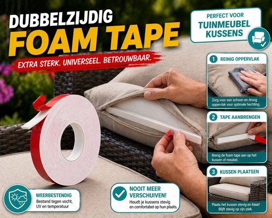 24ME® - Pakket van 5 rollen - 25 Meter Extra Sterk Dubbelzijdig PE Foam Tape - Wit - 20mm x 1mm - 5 Rollen Meter - Extra Sterke Kleefkracht