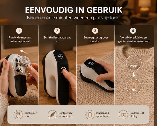 Elektrische Pluizenverwijderaar – Kledingontpluizer Oplaadbaar – Anti Pluis Apparaat voor Kleding, Bank, Wol & Meubels – USB-C – LED Display – Draadloze Kleding Shaver