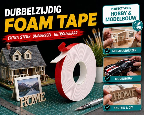 24ME® - Pakket van 5 rollen - 25 Meter Extra Sterk Dubbelzijdig PE Foam Tape - Wit - 20mm x 1mm - 5 Rollen Meter - Extra Sterke Kleefkracht