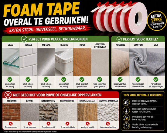 24ME® - Pakket van 5 rollen - 25 Meter Extra Sterk Dubbelzijdig PE Foam Tape - Wit - 20mm x 1mm - 5 Rollen Meter - Extra Sterke Kleefkracht