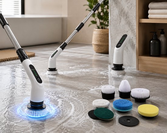 Elektrische Schoonmaakborstel Draadloos – 9-in-1 Power Scrubber met 8 Opzetborstels – Uitschuifbare Steel – Oplaadbare Badkamerreiniger – Voor Badkamer, Tegels, Keuken, Douche & Vloeren