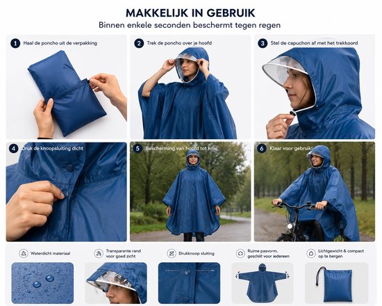 Regenponcho Volwassenen – Fietsponcho Waterdicht – Regenjas met Capuchon en Transparant Vizier – Herbruikbaar – Festival, Camping en Wandelen – Blauw
