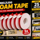 24ME® - Pakket van 5 rollen - 25 Meter Extra Sterk Dubbelzijdig PE Foam Tape - Wit - 20mm x 1mm - 5 Rollen Meter - Extra Sterke Kleefkracht