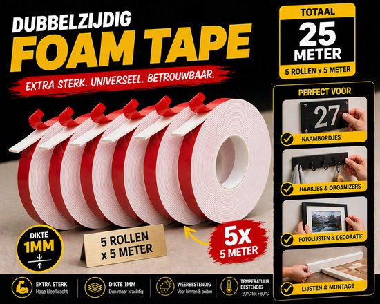 24ME® - Pakket van 5 rollen - 25 Meter Extra Sterk Dubbelzijdig PE Foam Tape - Wit - 20mm x 1mm - 5 Rollen Meter - Extra Sterke Kleefkracht
