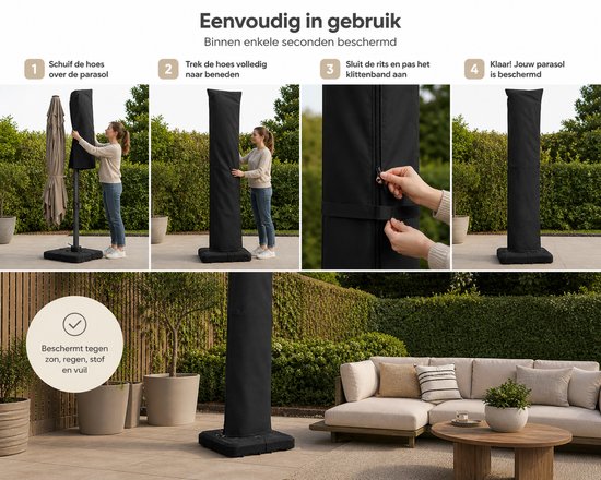 Parasolhoes Zweefparasol Waterafstotend 250 x 55 cm – Parasol Beschermhoes met Rits, Stok & Trekkoord – UV-bestendige Hoes voor Staande en Zweefparasol – Weerbestendige Tuinmeubel Bescherming Zwart
