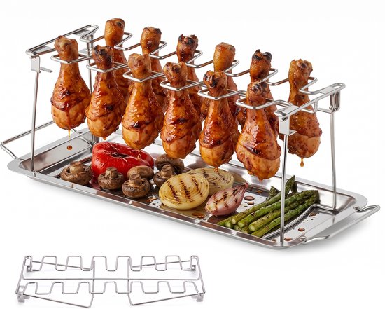 Kippenpootrek BBQ – Drumstickhouder voor 12 Kippenpoten – Inclusief RVS Lekbak – Opvouwbaar Kiprek voor Barbecue & Oven – Vaatwasserbestendig