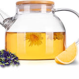 GREENKY® Glazen theepot met filter en bamboe deksel- Theekan - Duurzaam - Filter - Theehouder - Theeglas - Fruitkan - Schenkkan - Teapot - 1Liter - 1000ml