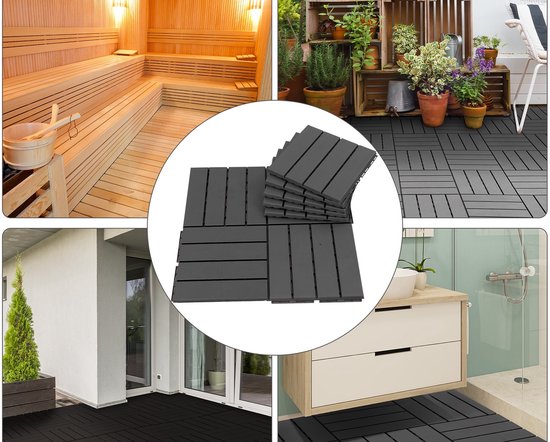 Set van 9 terrastegels kunststof met Houtnerf - klikmechanisme - 0,81 m2 - Zwart
