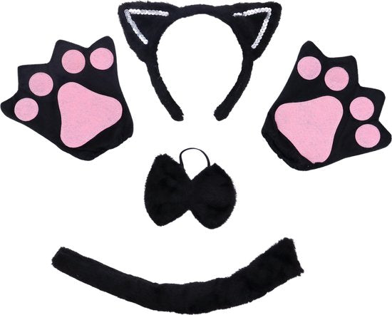 Joya Kids® Kat Zwart Verkleed Accessoires | Verkleedset Katten | Meisjes en Jongens Verkleedpak Kitten | Carnaval en Halloween Outfit kinderen | Haarband met Oren, Staart, Pootjes en Strik | Zwart