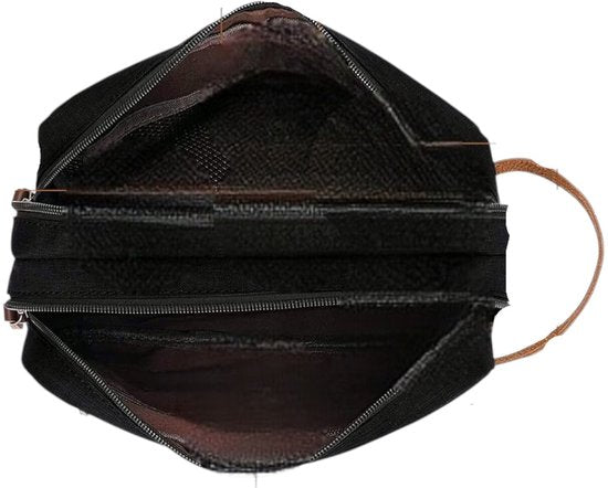 Luxe Toilettas Heren & Dames – 28 cm x 10 cm x 18 cm (lxbxh) - Dubbel Compartiment – Waterafstotende Reistas – Zwarte Toilettas met Leren Details – Grote Washbag – Ideaal voor Vakantie & Sportschool – FLOKOO