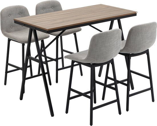 5-delige Bartafel met 4 Stoelen - Comfortabele Dikke Linnenlook Stoelbekleding - Grijs