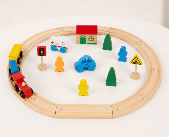 DMG Supply Houten Treinset - Treinbaan met Rails - 33-delig - Trein en Auto Accessoires - Verkeersborden - Vanaf 3 Jaar