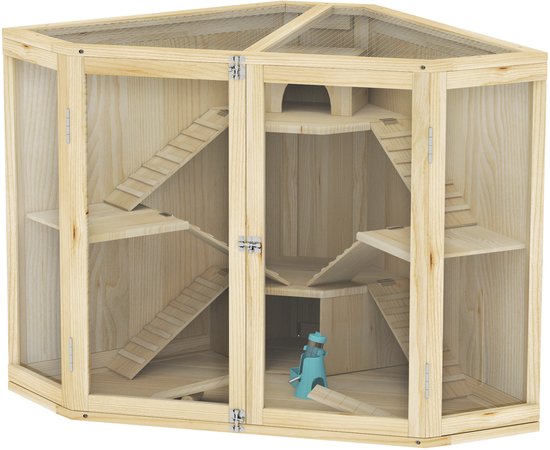 Hamsterkooi 4-Laags met Wip Loopplank en Hutjes - 69x115x79 cm - Hout