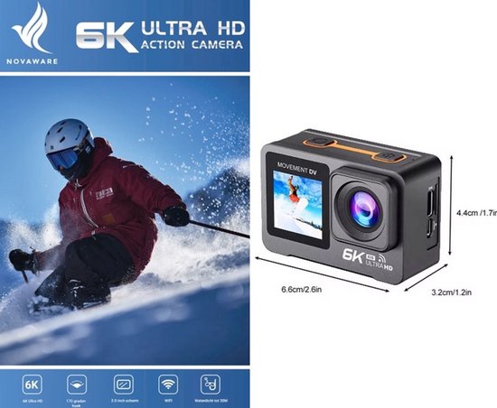 NovaWare Action Camera 6k - 50MP - Vlog Camera - Onderwater Camera - Actie Camera - Waterdicht tot 30M - Ultra 4K met 60FPS - Beeldstabilisatie EIS - IMX sensor
