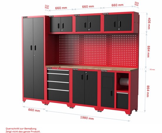 Feistos Juno 15 Gereedschapswand Hoog - 330 x 46 x 198 cm - Zwart/Rood