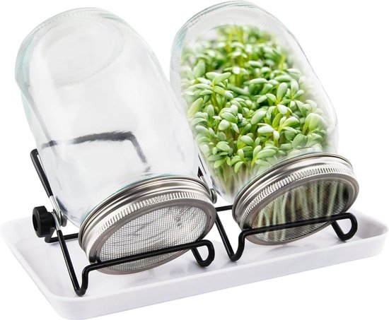 Kiemglas - 2 Stuks - 1000ML - Kiempot set - Groente kiemen - Kiempotten voor Kiemgroenten - Inclusief Houder