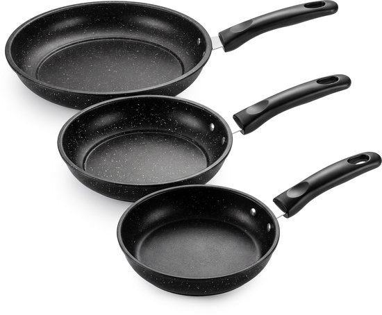 Koekenpannenset 3-delig – PFAS-vrij – 20 cm, 24 cm & 28 cm – Antiaanbak Koekenpannen – Geschikt voor Inductie, Gas, Elektrisch en Keramisch – Zwart