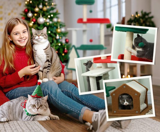 Katten Krabpaal in kerstkleuren met kattenhuis springplatforms en speelgoedballen