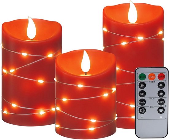 NovaWare LED Kaarsen met Bewegende Vlam - Set van 3 - Kaarsen op batterijen met afstandsbediening – Elektrische Kaarsen - Flikkerende vlam - Oplaadbaar - Timer en Dimfunctie - Rood