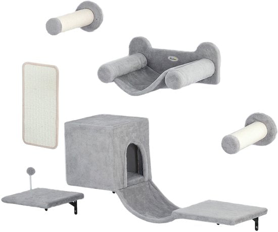 Klimmuur voor Katten 6-delig - met Hangmat en Platform en Krabplank - Grijs