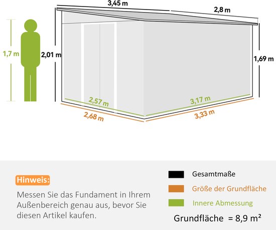 Metalen Tuinschuur met Schuin Dak - Dubbele Vergrendelbare Deuren - 2,8 x 3,45 x 2,01m - Grijs