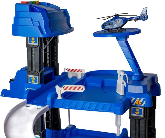 DMG Supply Politiegarage Speelset - 3-Laagse Speelgoedgarage met Lift en Helikopterplatform - Met 2 Auto’s en 1 Helikopter - Vanaf 3 Jaar