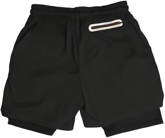 SparkNine Stridex fitness short heren - dubbellaags - met telefoonzak - XL - zwart-wit - sneldrogend - met handdoeklus & zakken - functioneel & comfortabel