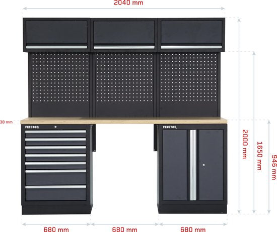 Feistos Gereedschapskast Apollo 8 Met geperforeerde wand - 46x204x200cm | Grijs/zwart