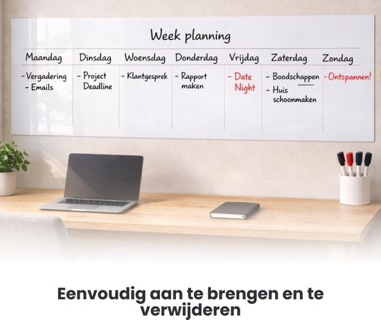 FLOKOO Whiteboard Sticker XL Zelfklevend (200 x 45 cm) met 4 Stiften met Wisser - Whiteboard Folie - Beschrijfbare Muursticker - Whiteboardsticker - Whiteboardfolie - Schoolbord Folie - Memobord Folie