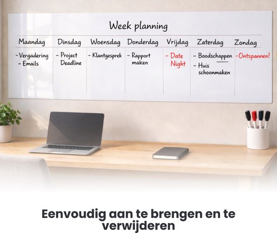 FLOKOO Whiteboard Sticker XL Zelfklevend (200 x 45 cm) met 4 Stiften met Wisser - Whiteboard Folie - Beschrijfbare Muursticker - Whiteboardsticker - Whiteboardfolie - Schoolbord Folie - Memobord Folie