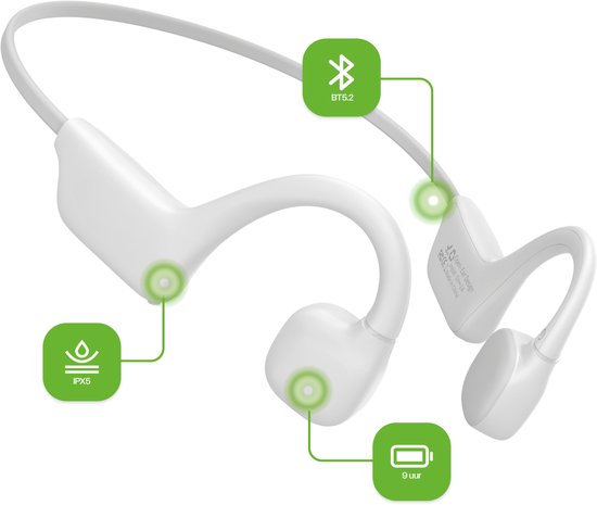 REBØNE® Core Bone Conduction Headphone – Sport Oortjes Draadloos – Open Ear Hardloop Oordopjes – Bluetooth – 9 uur speeltijd – IPX5 – Wit