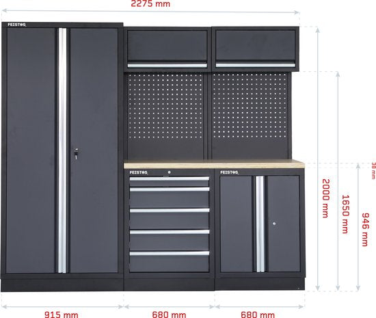 FEISTOS Gereedschapskast Apollo 1 | inclusief geperforeerde wand | Grijs/zwart | 228x46x200cm