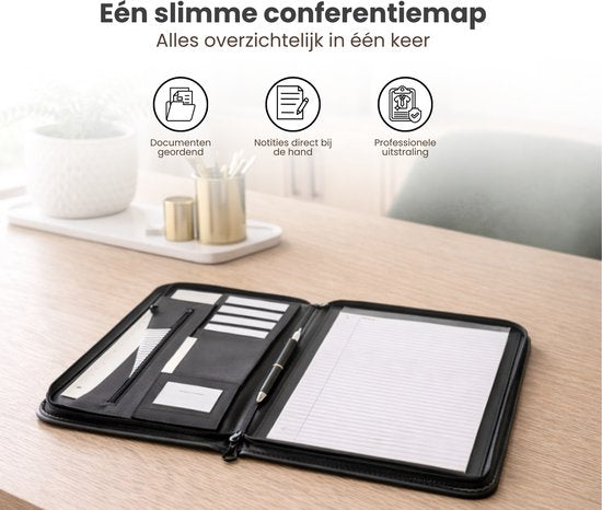 Conferentiemap met Rits - Conferentiemap A4 - Luxe Schrijfmap Opbergmap A4 - Documentenmap Werkmap - Kantoor Conferentie Map - Inclusief Notitieblok, Penhouder & Pasjeshouder - Zwart