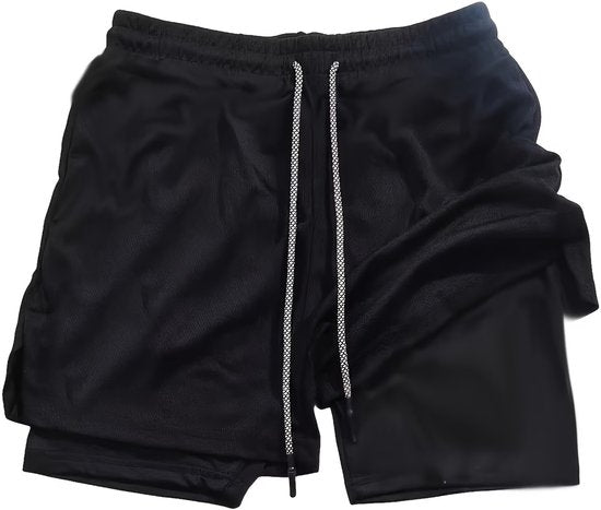 SparkNine Stridex fitness short heren - dubbellaags - met telefoonzak - L - zwart-wit - sneldrogend - met handdoeklus & zakken - functioneel & comfortabel