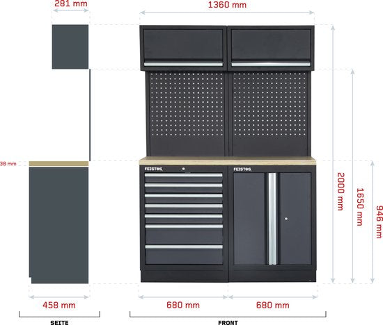 Feistos Gereedschapskast Apollo 5 | 46x136x200 cm - Grijs/zwart