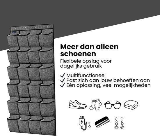 Schoenenkast Hangend - Schoenenzak 24 vakken - Opbergen van Schoenen aan Deur - Schoenenzak Grijs - Oplossing voor rondslingerende schoenen - Hoogwaardige Schoenenkast